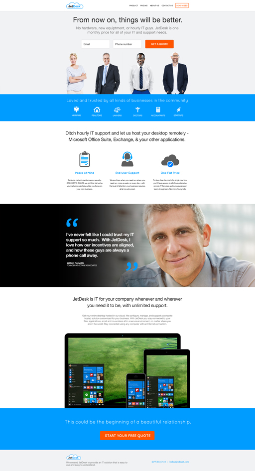 Responsive Business website that offers services like desktop hosting, Microsoft Office Suite, Exchange email and other applications in the Cloud