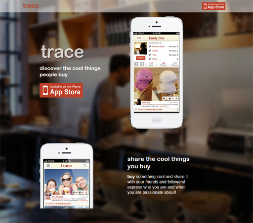Introduction website for trace iPhone Application - social application enables sharing of what you and other people in your circle are buying.